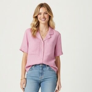 Buffalo David Bitton Women's Pink‎ Linen Blend Short Sleeve Button Up Shirt XL